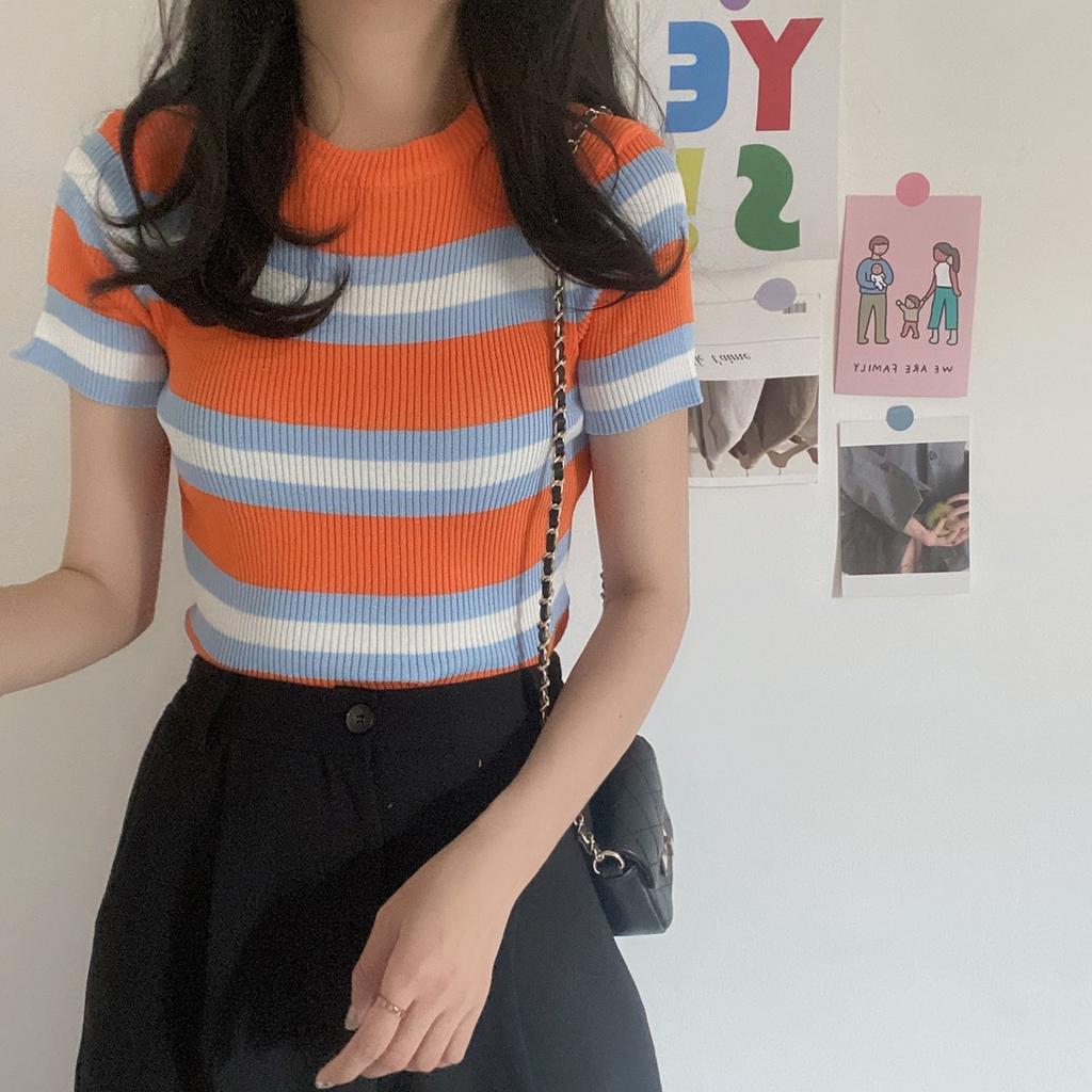 Модная полосатая футболка с короткими рукавами, женская весенне-летняя кофта с круглым вырезом, тонкая трикотажная рубашка с цветными блоками, топы, повседневные облегающие кофты, футболки