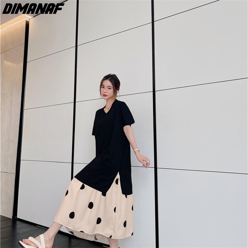 Dimanaf 2022 Новое женское длинное платье Лето Плюс Размер Модное Черное Свободное Повседневное Oversize