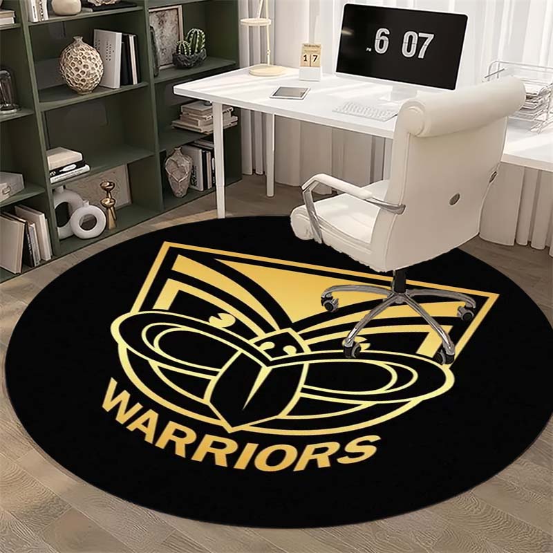 Warriors Golden Emblem Print Round Area Rug Non‑Slip Circular Floor Mat Sport Fan Home Office Chair Decor
