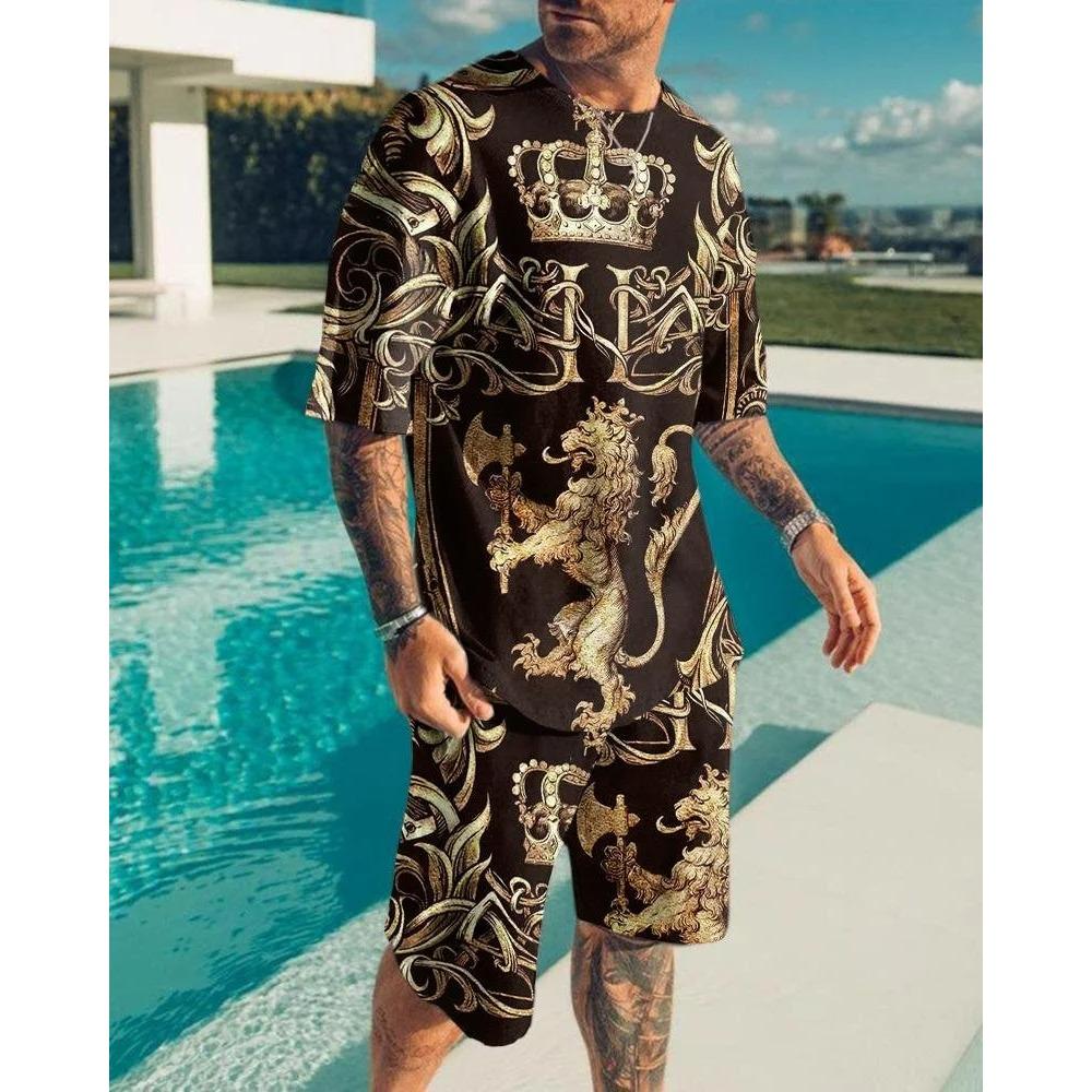 Летний комплект из 2 предметов с шортами с рисунком льва и свирепого зверя, повседневные уличные футболки и шорты, спортивный костюм с круглым вырезом и 3D-принтом