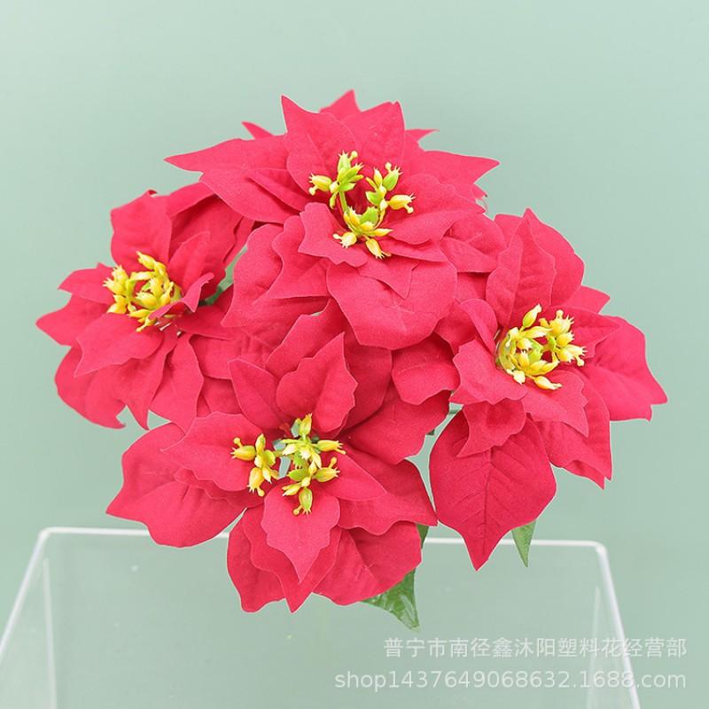 Artificial Poinsettia Silk Flower 5-Head Christmas Decor Home Holiday Party Wedding