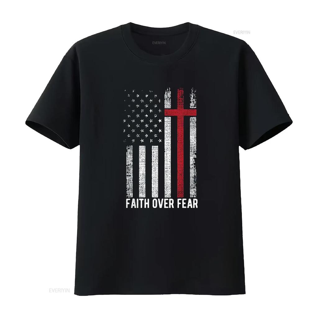 Женская футболка с надписью Faith Over Fear (Вера превыше страха), флаг США, христианский крест, Иисус, черная, 2XL, винтажная, стирка, повседневный топ для ежедневного ношения