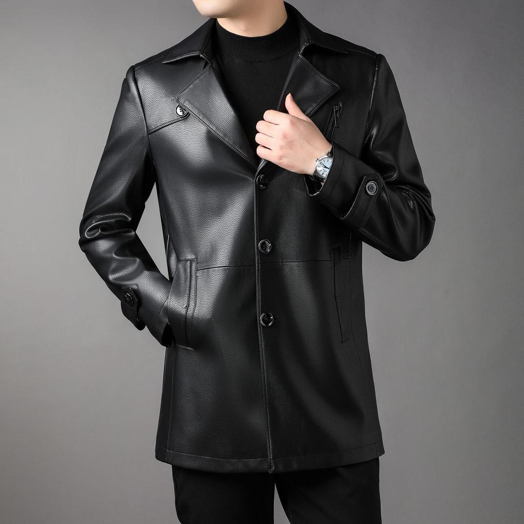 New Genuine Leather Men's Mid-length Windbreaker Leather Coat, Trendy and Handsome Suit Collar Jacket for Young and Middle-aged People