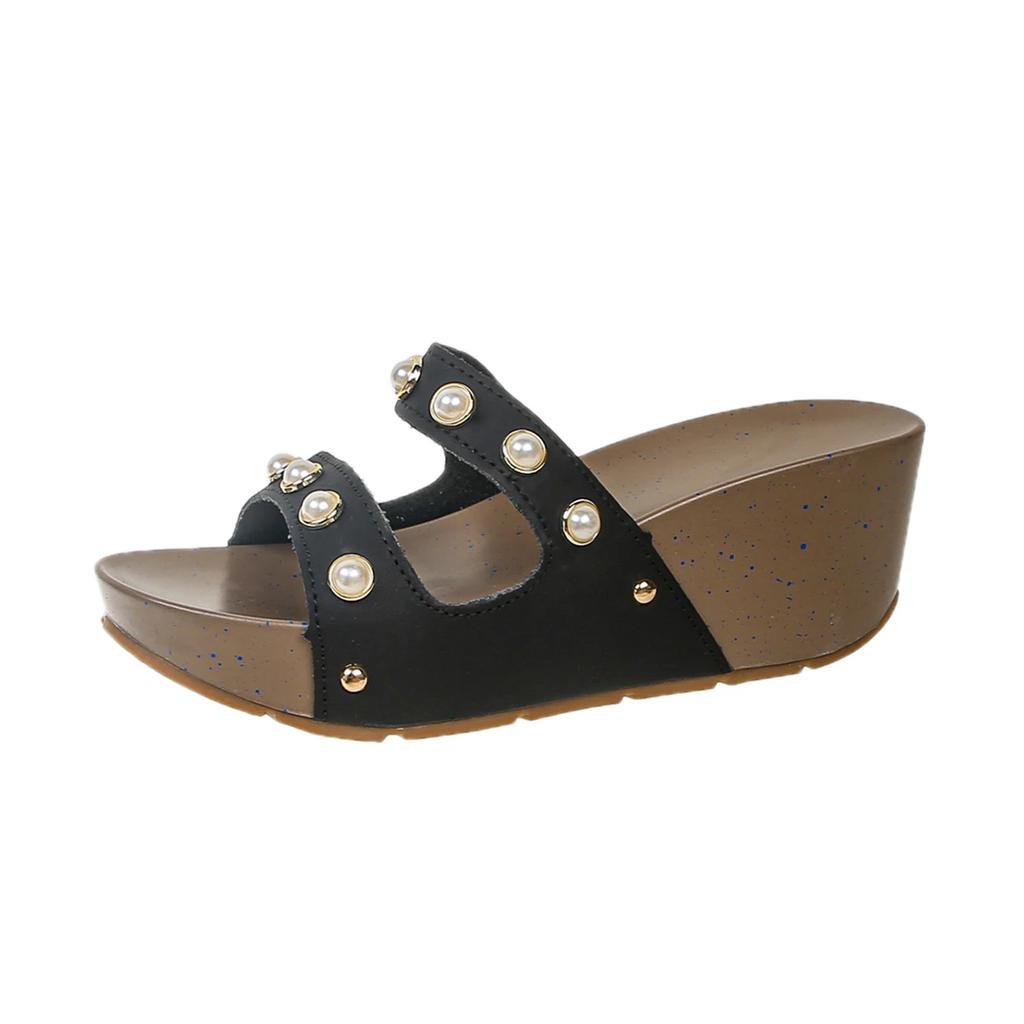 Women's Platform Open Toe Wedge Sandals, Thick Sole Peep-Toe Studded Hollow Out Design, Summer