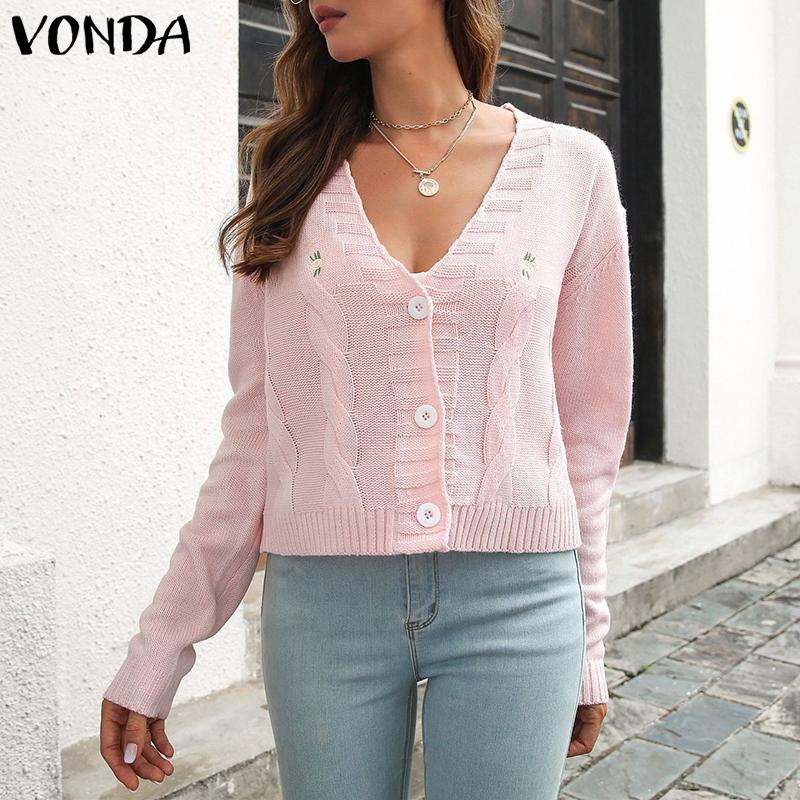 VONDA Autumn Winter Women Long Sleeve Embroidery Casual Short Knitted Sweaters Cardigans