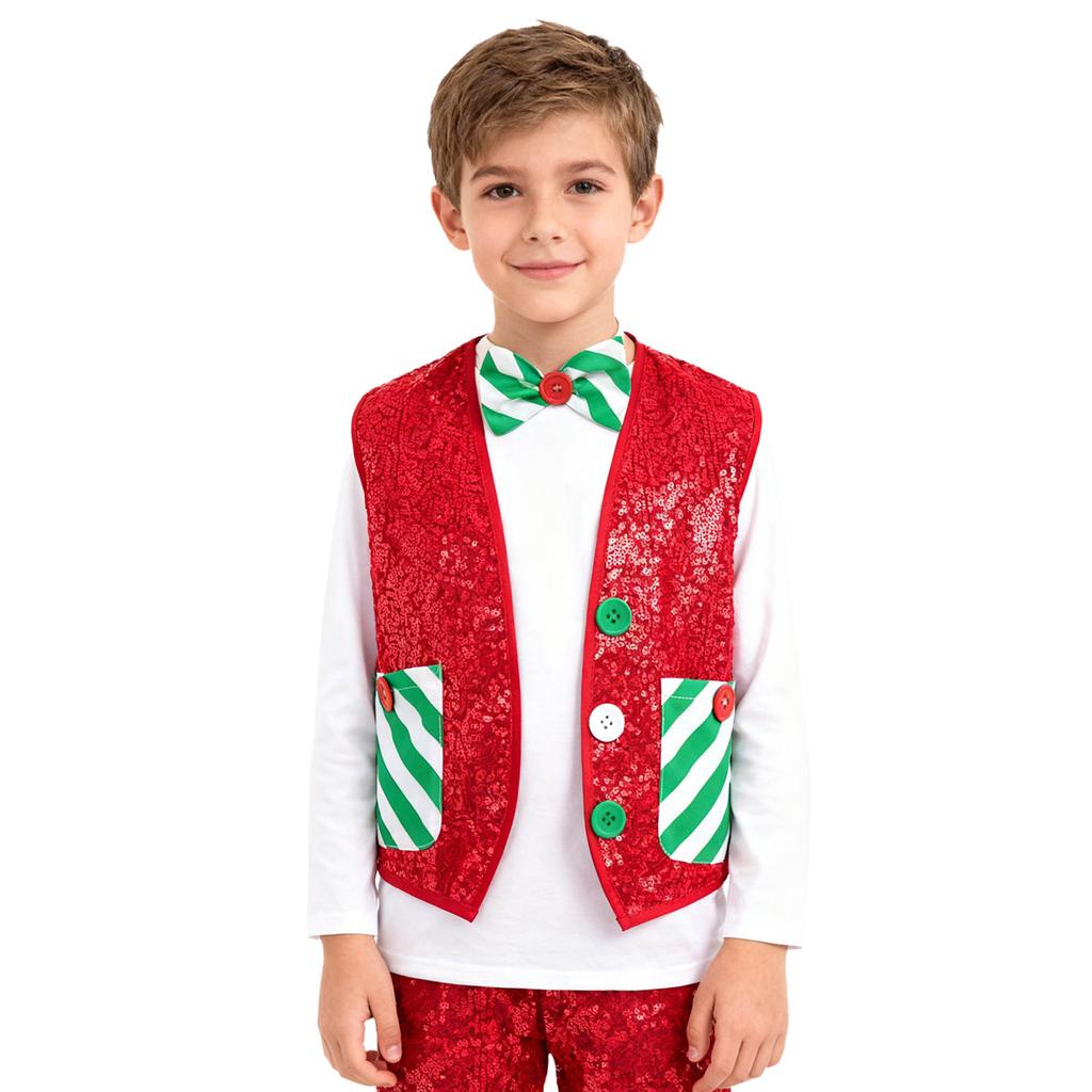 Kids Christmas Costume Sparkly Sequins Vest with Bow Tie for Latin Jazz Disco Party