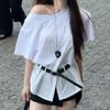 Summer Fashion Offshoulder Spliced Ruffled Waist Tshirt For Women