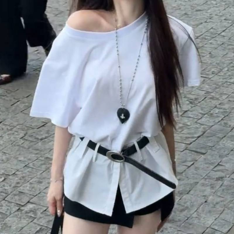 Summer Fashion Offshoulder Spliced Ruffled Waist Tshirt For Women