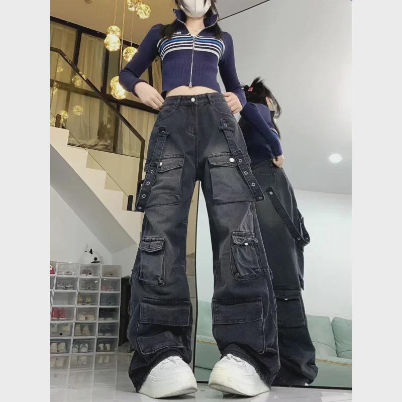 Женские джинсы с широкими штанинами и множеством карманов для работы — осень/зима, свободный крой, дизайн с ремешками