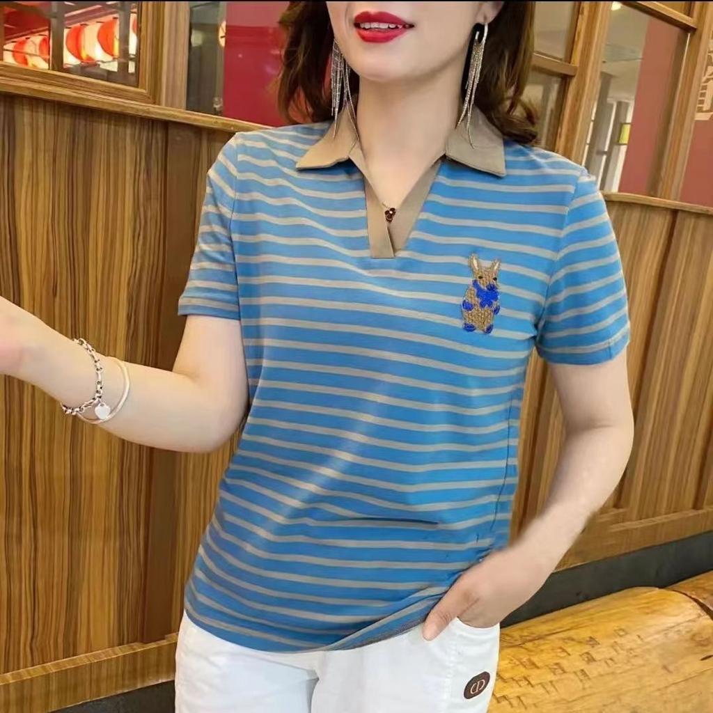 Summer Short Sleeve Women's V-neck T-shirt New Style Embroidery Elegant Fashion Casual Pullover Striped Cartoon Clothes Tops