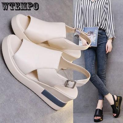 Сандалии на наклонном каблуке. Женские летние однотонные маффины на толстой подошве. Рыбий рот. Удобные босоножки на высоком каблуке с открытой шнуровкой и открытым носком.