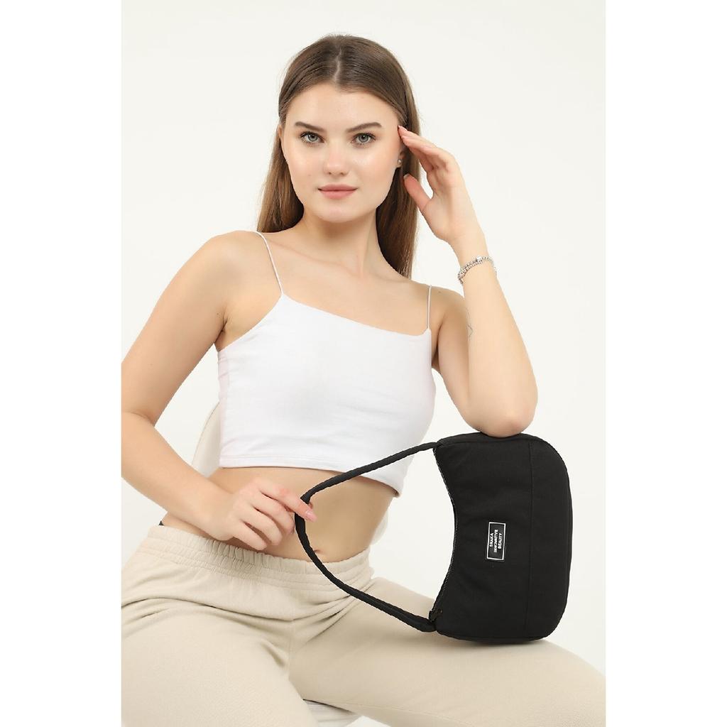 Black U11 Single Zipper Compartment Daily Sports Baguette Canvas Fabric Women's Hand And Shoulder Bag B:16E: 26