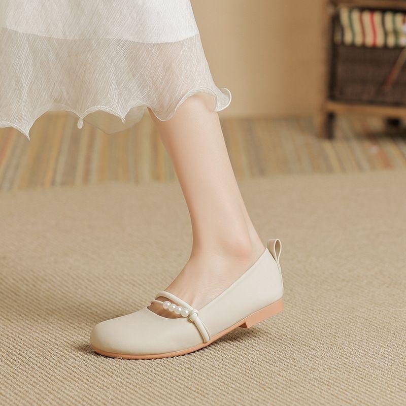 Ladies Footwear Round Toe Low Heel Elegant Pearl Beige Women's Flat Shoes Spring Vacation Summer 2026 Quick Delivery on Sale