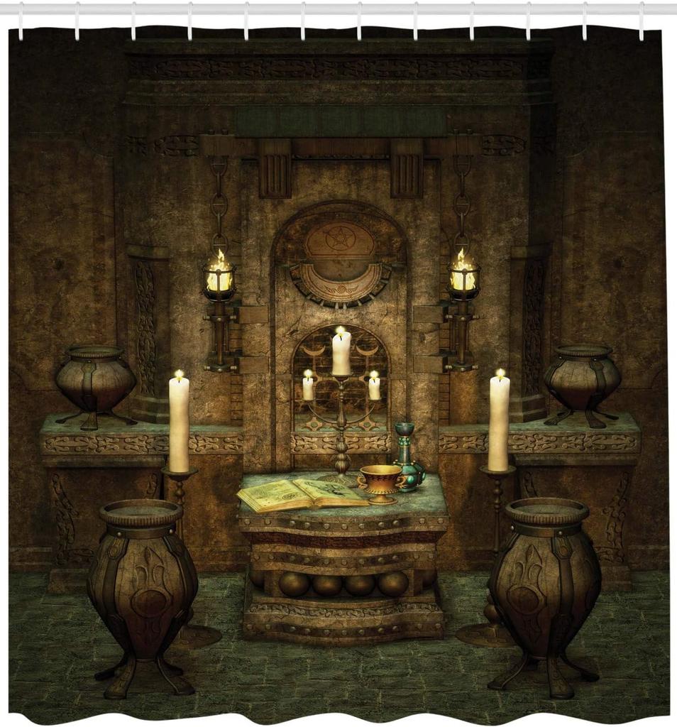 Mystical Alchemy Room Shower Curtain Featuring Candles Books And Potions Medieval Fantasy Art Style Unique Bath Decor Item