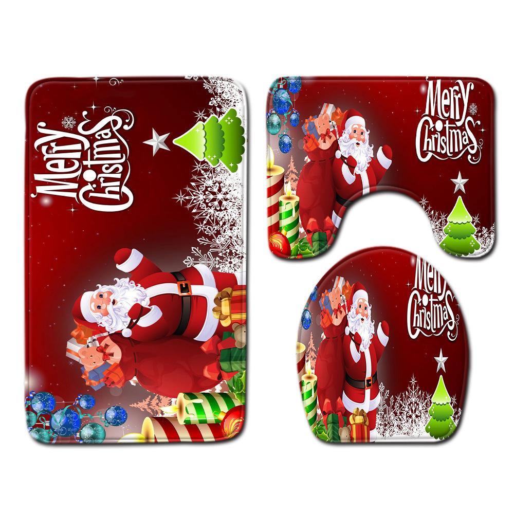 Christmas Bathroom Shower Curtain Toilet Floor Mat Four-Piece Bathroom Non-Slip Door Mat Kitchen Bedroom Absorbent Carpet