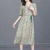 Женское платье трапециевидной формы с цветочным принтом и v-образным вырезом, с половиной рукавом и талией, повседневное платье с плавным подолом и шнуровкой, уличная одежда
