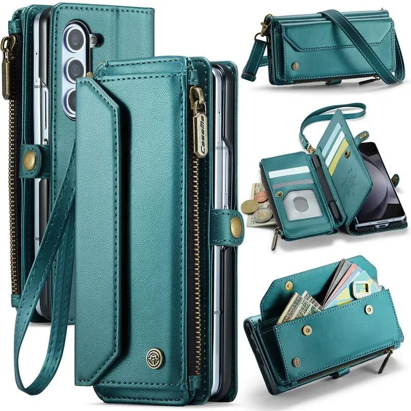 CaseMe Кожаный чехол-книжка для Samsung Galaxy Z Fold 7 5G 6 5 4 3 S26 Ultra S25 Edge S24 FE S23 S22 S21 S20 Plus Note 20 Кошелек на молнии Чехол-кардхолдер