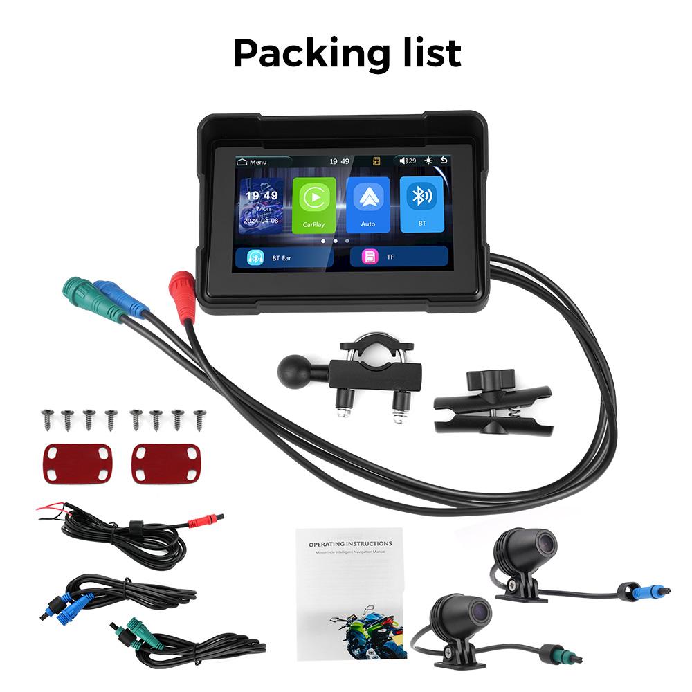 GEARELEC Portable Motorcycle Stereo DVR Wireless CarPlay Android Auto 5 Inch Screen Dual Bluetooth IP67 Waterproof Front Rear 1080P Camera