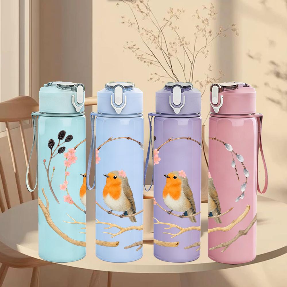1PC Branch Robin Bird Wreath 750ml Color Plastic Sports Water Bottle Leakproof Flip Straw Lid Suitable for Sports Office Home Use