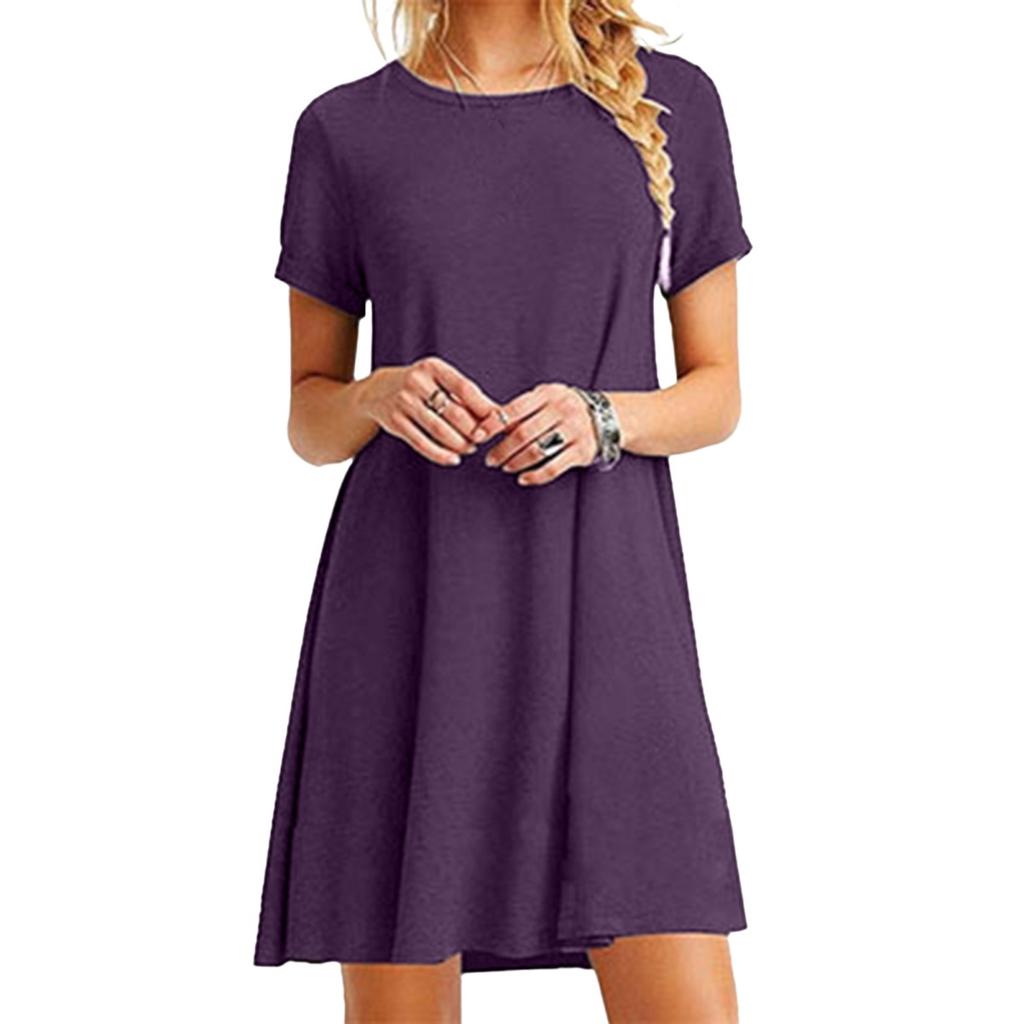 Yousheng Summer Mini Dress Short Sleeves A-line Round Neck Solid Color Above Knee Length Simple Style Short Dress Dating Beach Party Dress
