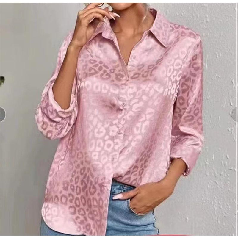2024 Autumn Women's Elegant Satin Leopard Print Lapel Shirt
