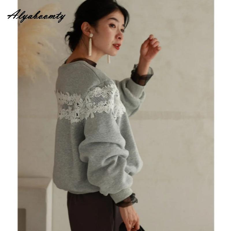 Autumn Winter Women Casual Loose Hoodies O Neck Black Gray Lace Patchwork Streetwear Pullover Elegant Ladies' Basic Long-Sleeved Top