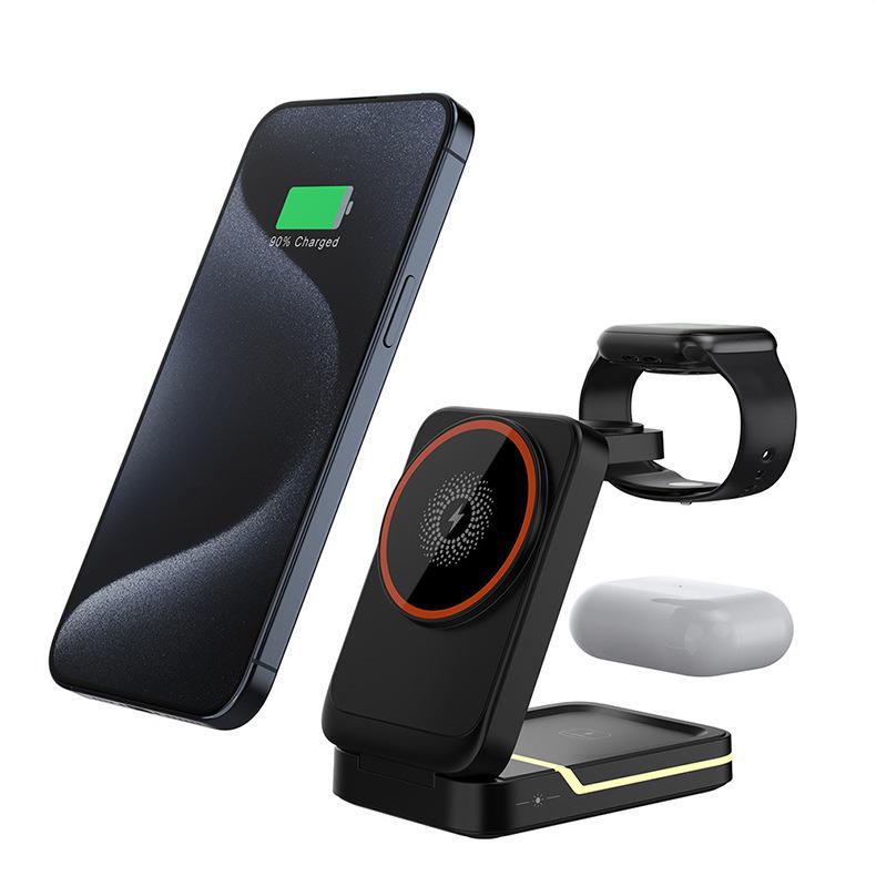 Desktop Multifunctional 15W Wireless Charger with Ambient Light & Foldable Magnetic Design for Office or Home Use