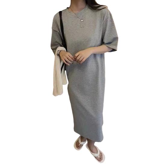 Женское миди-платье с коротким рукавом, летнее повседневное платье-рубашка с круглым вырезом