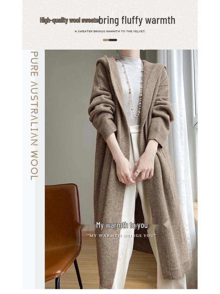 Women's Hooded Over-the-Knee Wool Knitted Cardigan - Thick, Loose, Buttonless Outerwear for Autumn/Winter