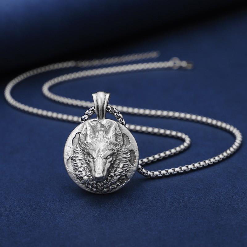 Mens Punk Wolf Head Pendant Necklace Stainless Steel Box Chain Hip Hop Streetwear Accessory Halloween