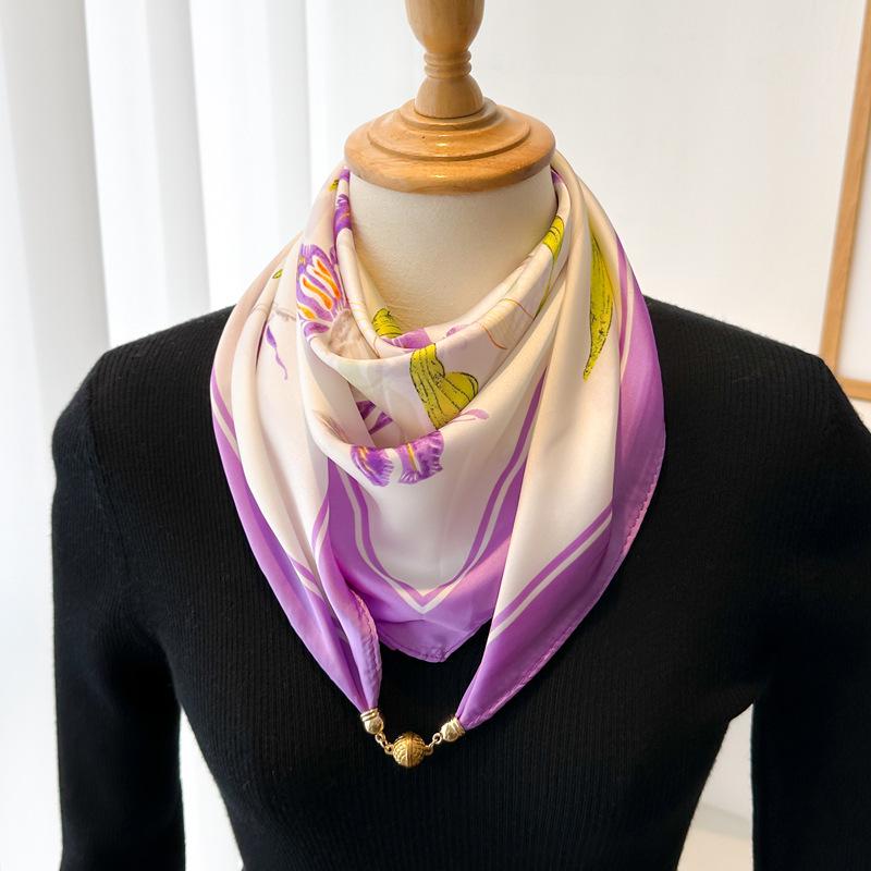 Magnetic Buckle Silk Neck Scarf: Triangle Design for Women, 70x70cm, Lightweight Spring/Summer/Autumn Accessory