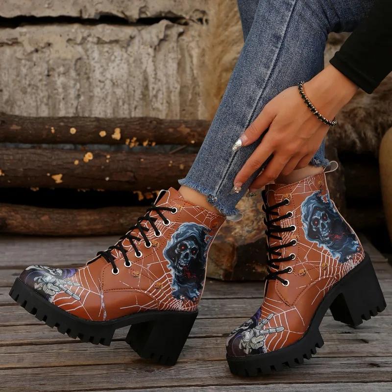 2024 High Quality Shoes Female Lace Up Women's Boots Autumn Round Toe Mixed Colors Short Barrel Chunky Heels Fashion Boots