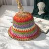 Rainbow color bucket hat women's summer thin sunscreen sun hat handmade straw hollow straw hat women's versatile tide
