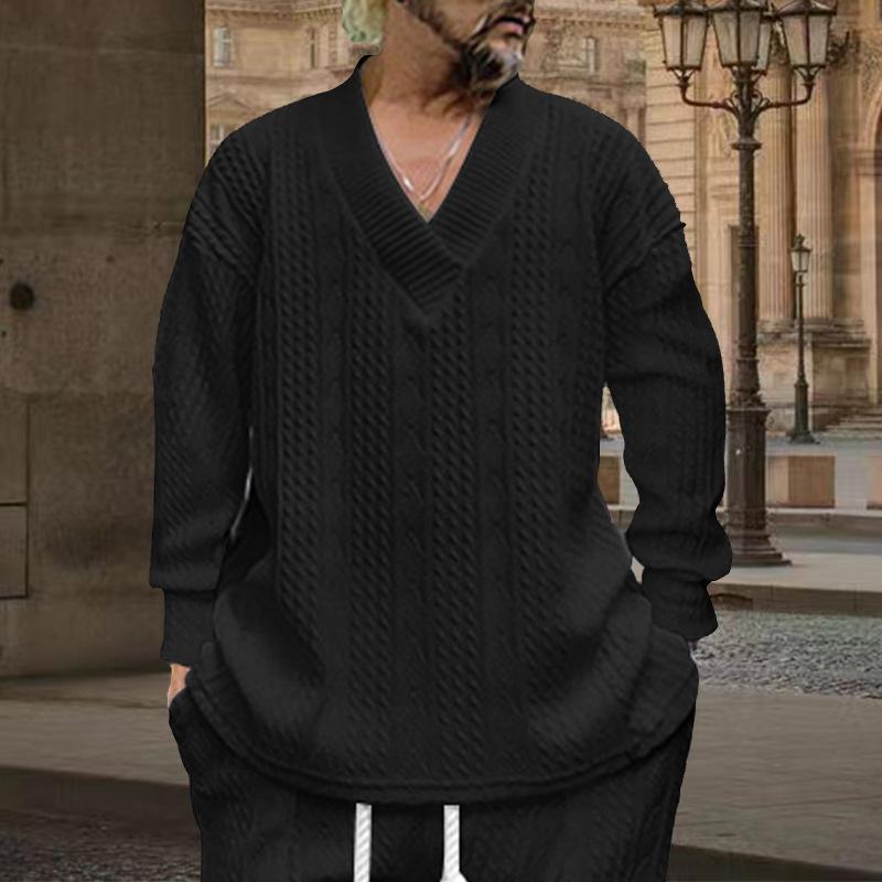 Осень-зима Cross Border Повседневный жаккардовый трикотаж Мужская весенне-осенняя свободная футболка с длинным рукавом Мужские пуловеры с V-образным вырезом Топы