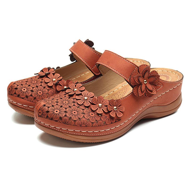 2023 Women's Sandals Large Size Vintage Flat Sandals Round Toe Flower Wedges Thick Sole Slippers for Women