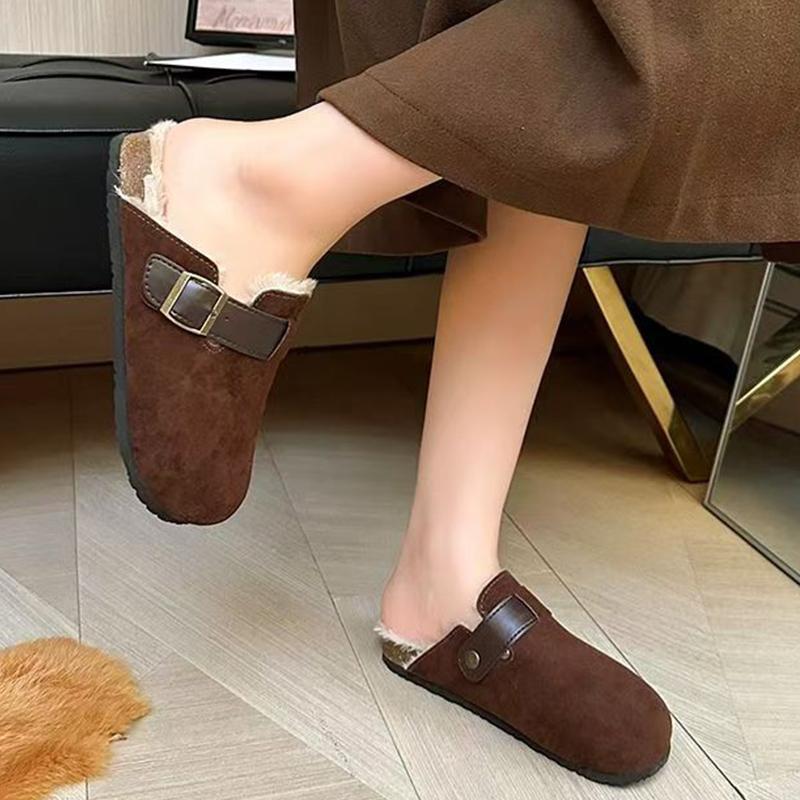 Туфли на плоской подошве женские пушистые тапочки замшевые короткие плюшевые хлопковые мюли обувь 2025 трендовые теплые дизайнерские пряжки зимние снежные ботинки женские