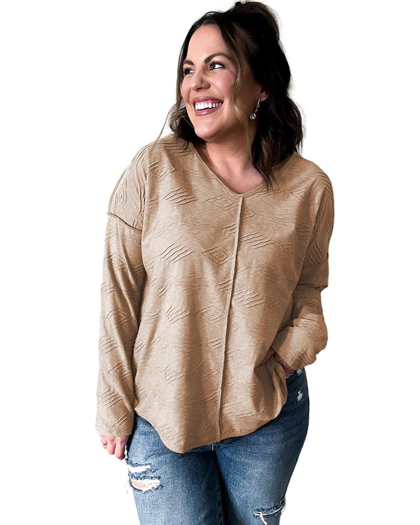 Azura Exchange Khaki Plus Size Textured Drop Shoulder Exposed Seam Top