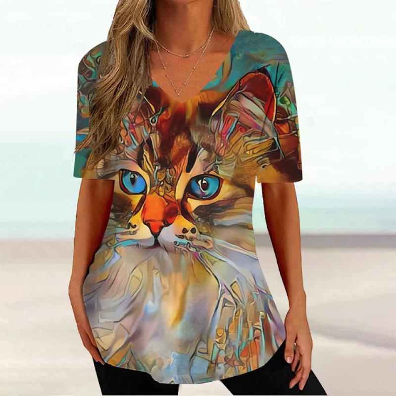 2023 модная женская одежда, топы с короткими рукавами и 3d цветным принтом кошки, повседневные уличные пуловеры, летние женские футболки больших размеров