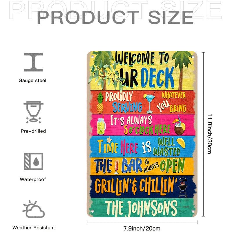 1 item Welcome to our terrace Metal plaque Outdoor patio decoration Proud BBQ lounge bar open sign Tropical elements Sur
