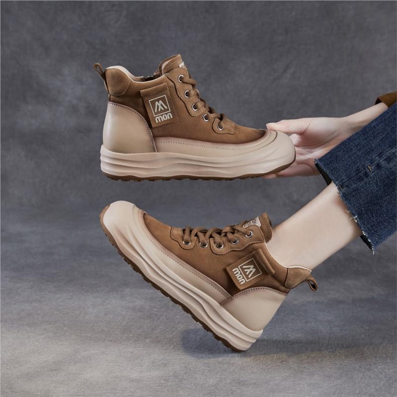 Johnature Ботильоны из натуральной кожи на толстой подошве в стиле ретро с боковой молнией, повседневные женские туфли на плоской платформе со шнуровкой