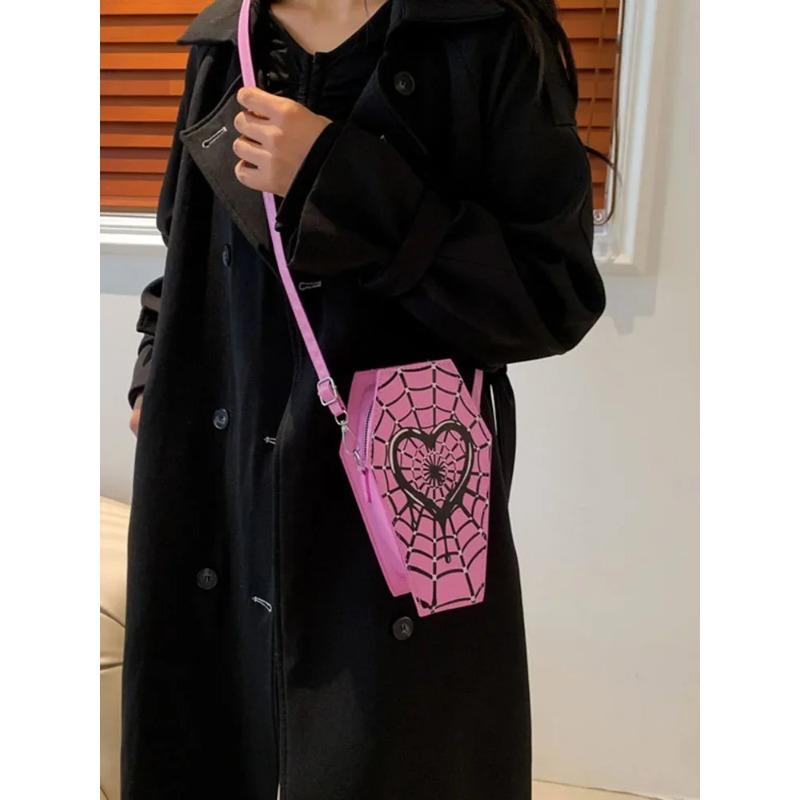 Women Fashion Shoulder Bag Large Capacity Coffin Shaped Casual Satchel Bag Adjustable Strap Spider Web PU Leather Chic Hobo Bag