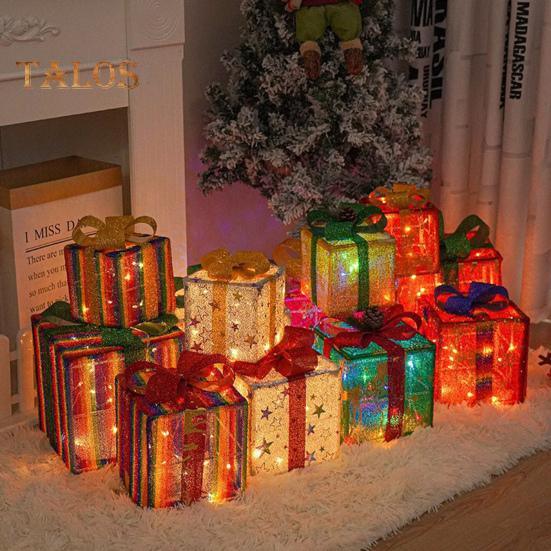 3 шт. Рождественские светящиеся подарочные коробки с функцией памяти, портативные светящиеся подарочные коробки на батарейках, рождественские украшения