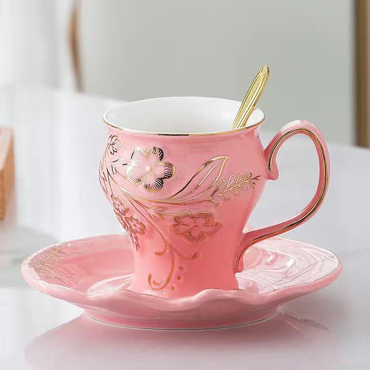 British Court Luxury Tracing Gold Coffee Cup and Plate Two-piece Set of Ceramic Cup Water Cup Flower Tea Cup Milk Cup