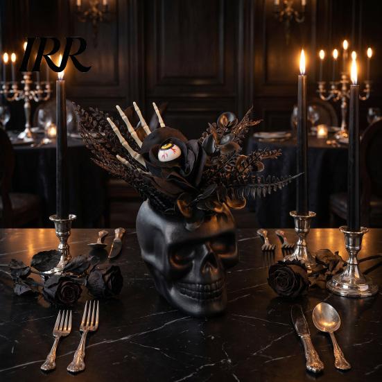 Spooky Skull Figurine Figurine, Black Red Rose Creepy Eyeballs Skeleton Halloween Lightweight Decoration Table Centerpiece for Tabletop, Desk, Mantel,