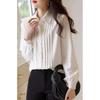 White Vertical Striped Pleated Long-sleeved Shirt for Women Loose Temperament Simple Design Niche Shirt Top for Women