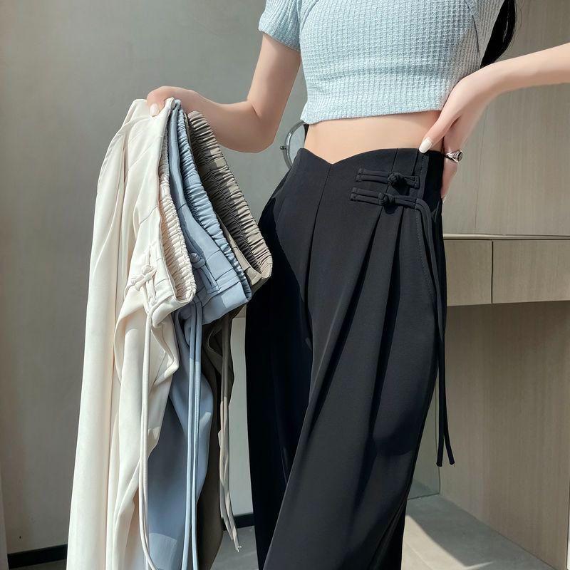 Новый китайский стиль 2025 Весна/Лето Женские брюки с высокой талией больших размеров с широкими штанинами и застежками-лягушками