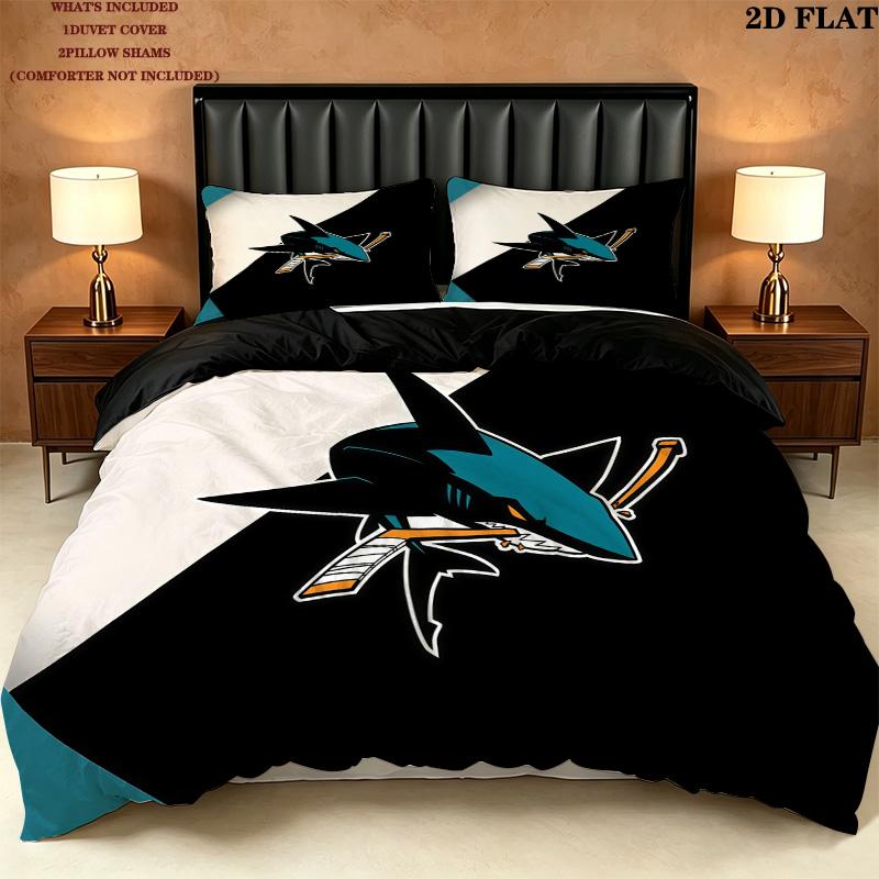 San Jose Sharks Pattern Bedding Quilt Set Home Decoration Gift (1 * duvet cover + 2 * pillowcase without core)