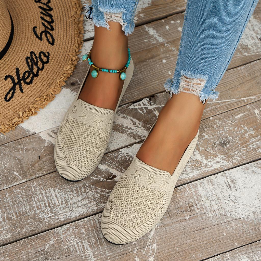 НОВЫЕ женские туфли с круглым носком, трикотажные туфли, женские однотонные сетчатые туфли для ходьбы, дышащая повседневная женская обувь