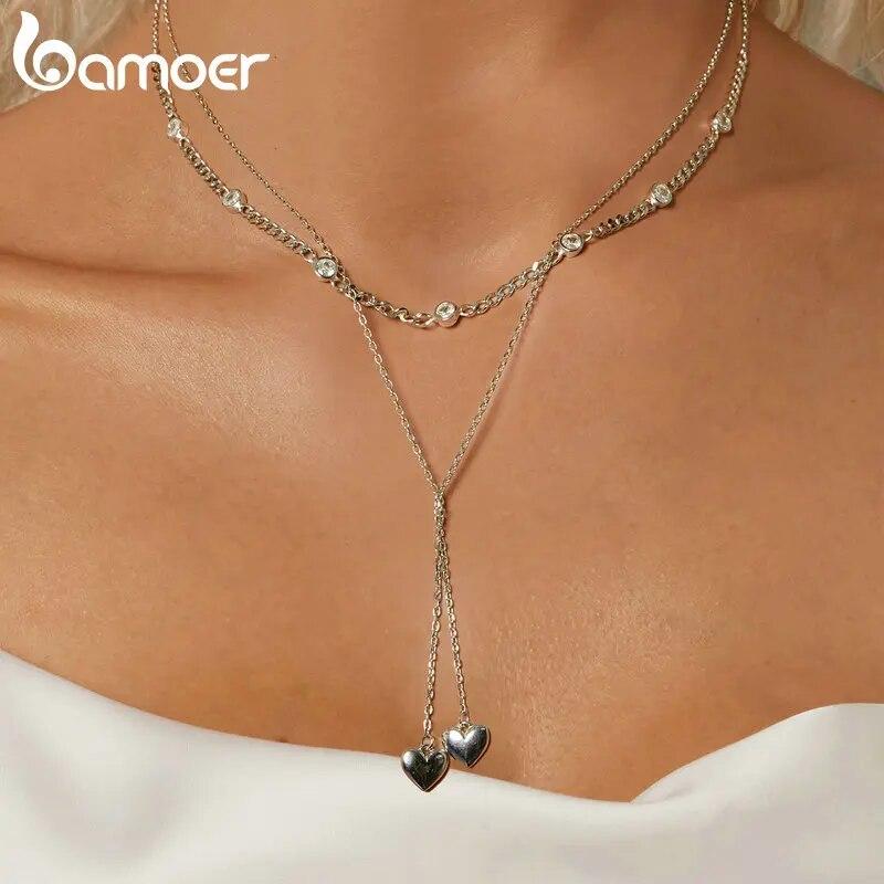 Ювелирные изделия BAMOER из стерлингового серебра 925 пробы, двухслойное ожерелье с сердечком любви, подвеска из белого золота, изысканное колье для женщин и девочек