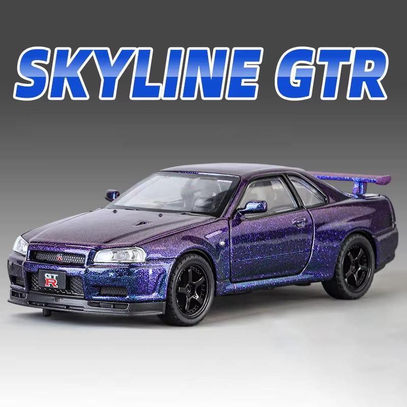 New 1:32 GTR R34 Alloy Sports Car Model Die-cast Toy Racing Car Model Simulation Sound and Light Pull Back Children Boy Trend Collection Gift